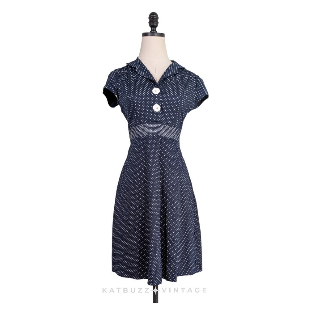 Vintage Ruby Rox Mini Dress Blue 7 8 Retro Sailor Swing Dance Nautical Polka Dot